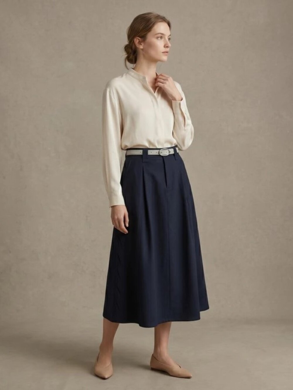 Elegant Black Pleated Belted Midi Skirt